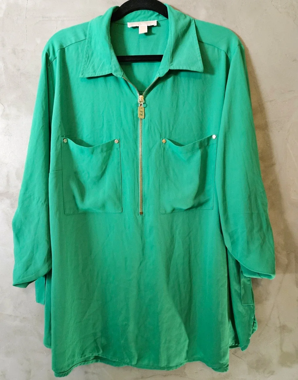 Michael Michael Kors Size 2X Plus Green Solid Collared Tunic 1/2 Zip Blouse